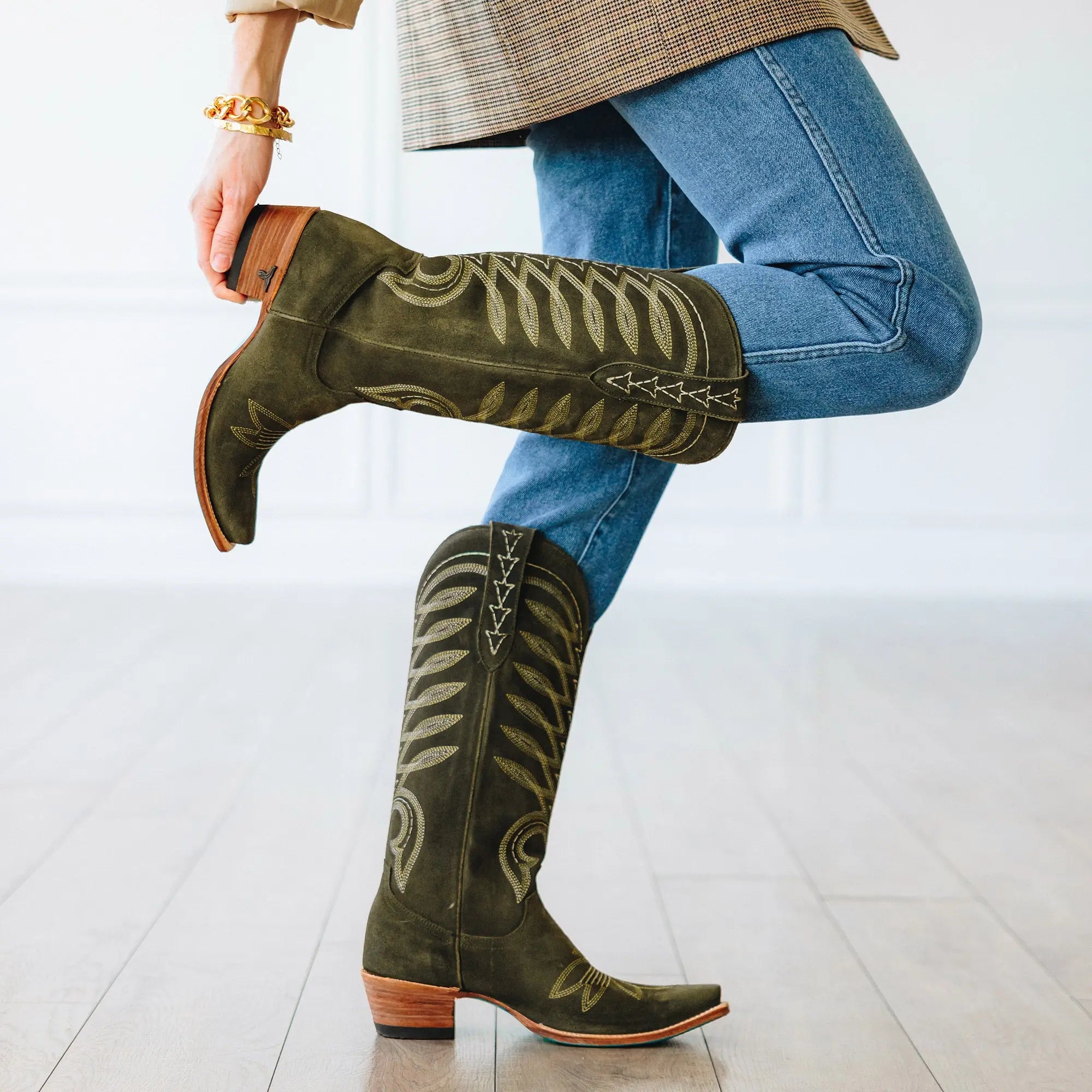 Squash Blossom Boot in Olive Suede for Western Fashion