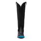 Jet black suede cowboy boot with turquoise sole.