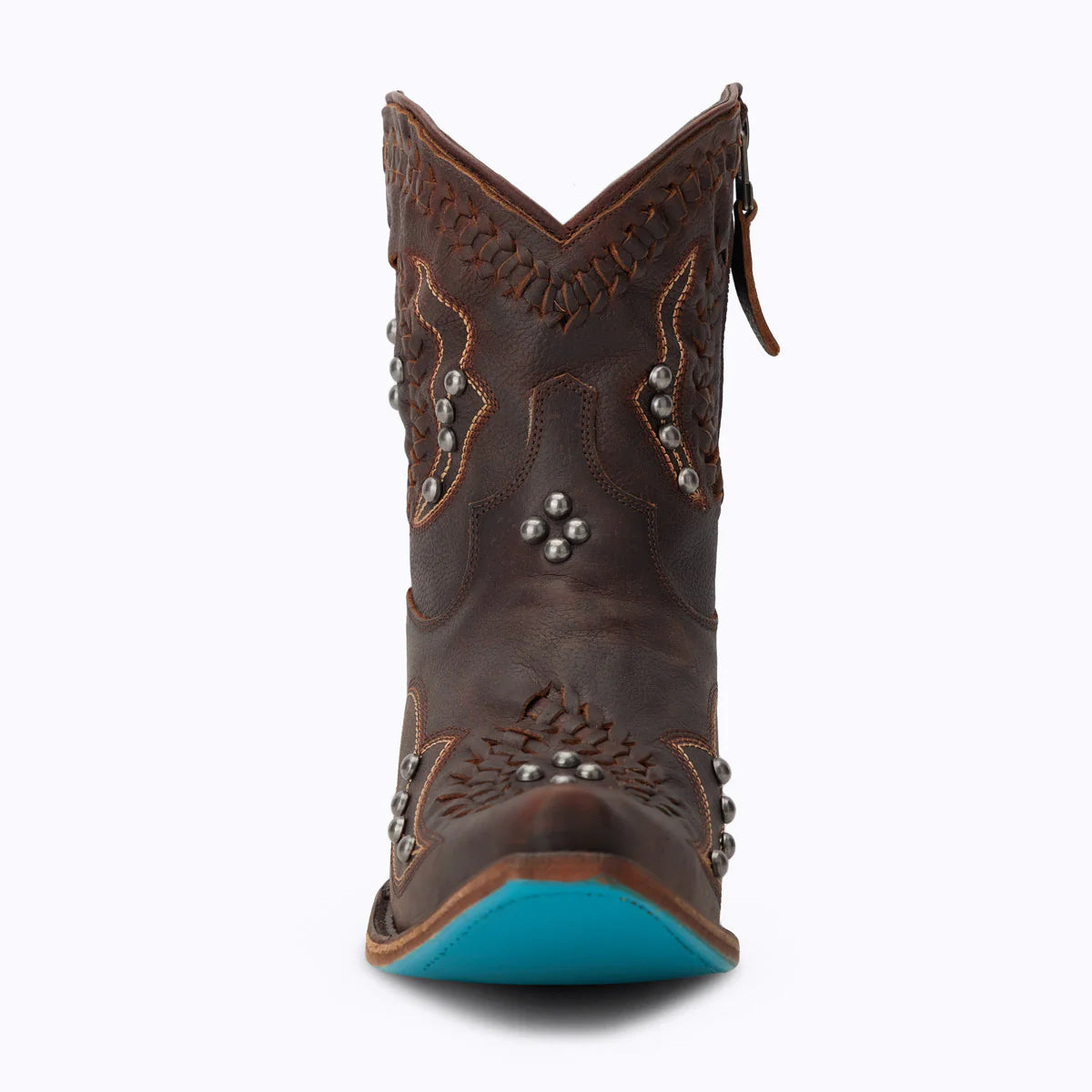 Brown leather Cossette bootie with blue sole