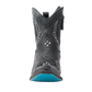 Distressed jet black Cossette bootie with turquoise sole.