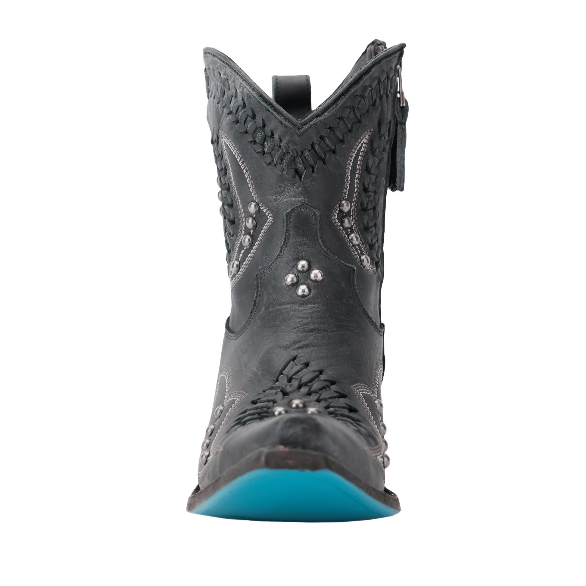 Distressed jet black Cossette bootie with turquoise sole.