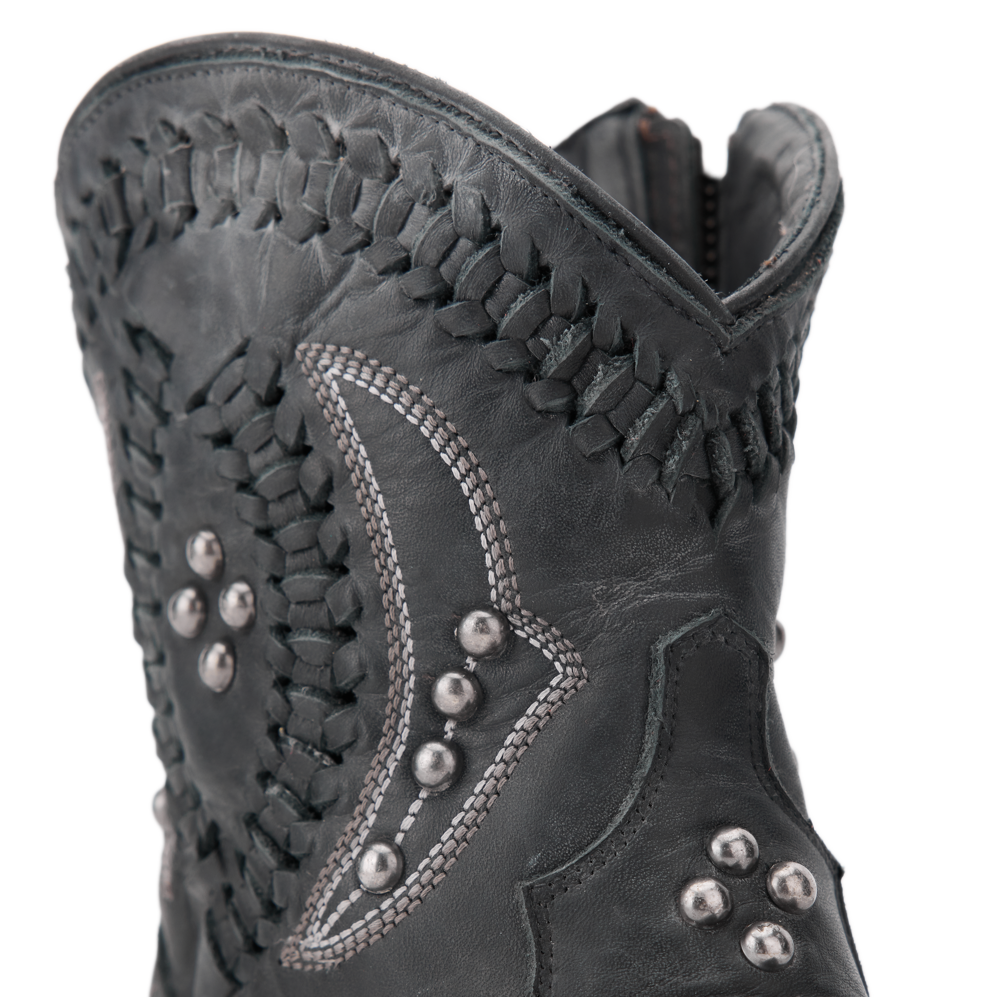 Distressed Jet Black Cossette Bootie with Studs