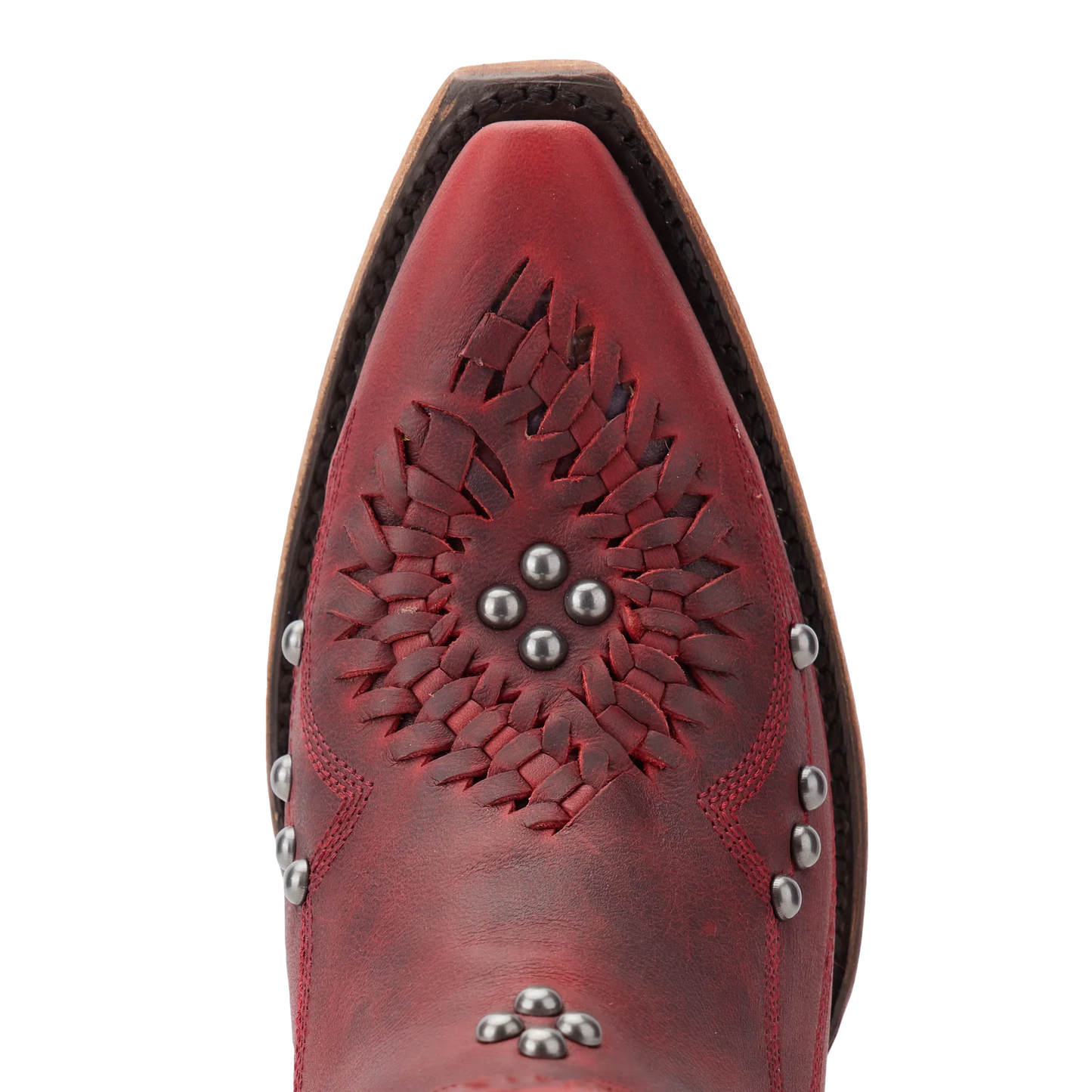 Smoldering Ruby Cossette Bootie - Close-up of red leather boot toe.