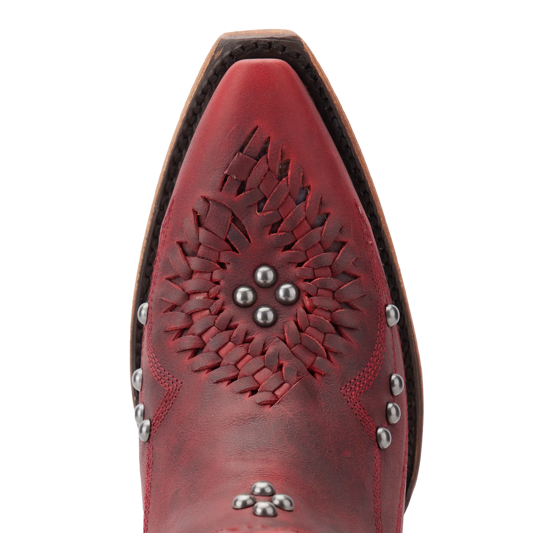 Smoldering Ruby Cossette Bootie - Close-up of red leather boot toe.