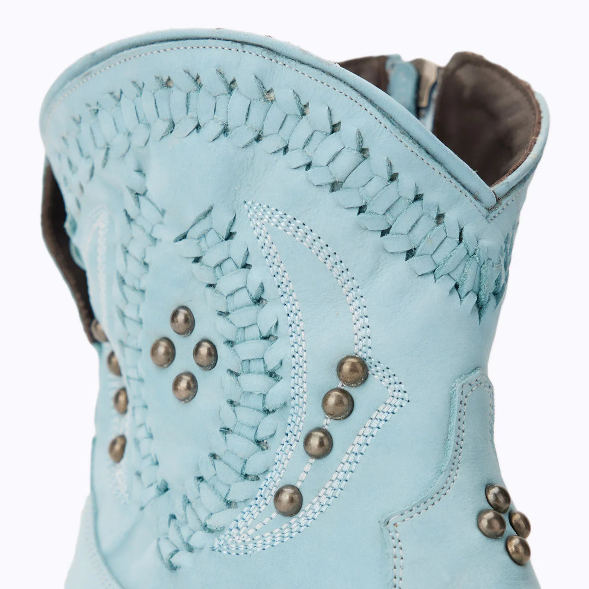 Powder blue Cossette bootie with studded detail