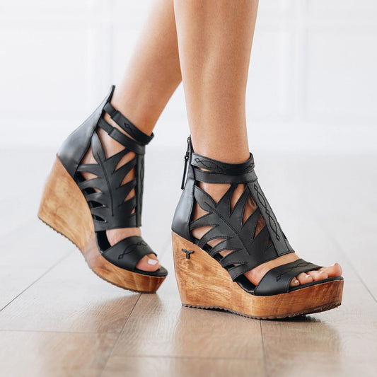 Black Becca wedge sandals with wooden sole