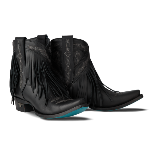 Jet black Senita Falls bootie with fringe
