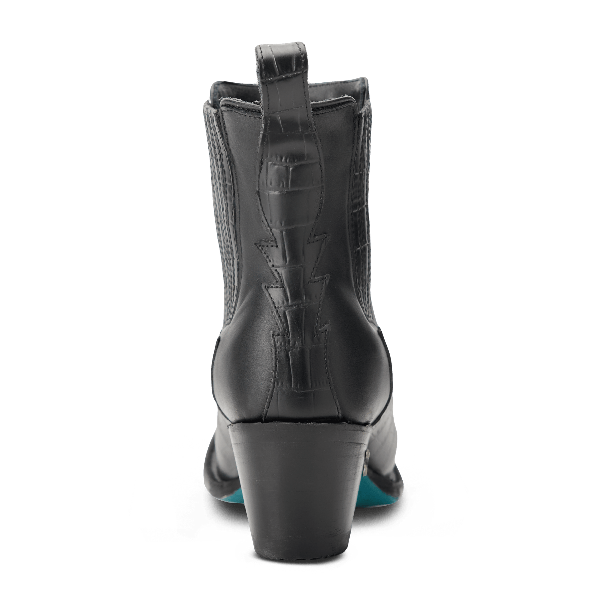 Black Chelsea boot, western style, jet black, rear view.