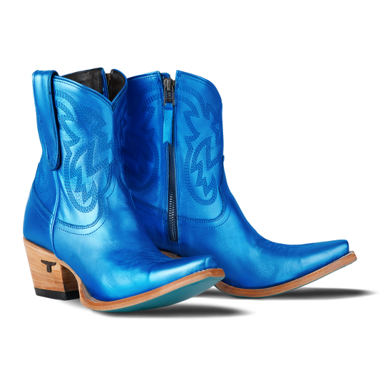 Blue metallic cowboy ankle boots