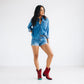 Woman in denim with Smoldering Ruby Emma Jane booties