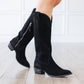 Black suede cowboy boots with zipper