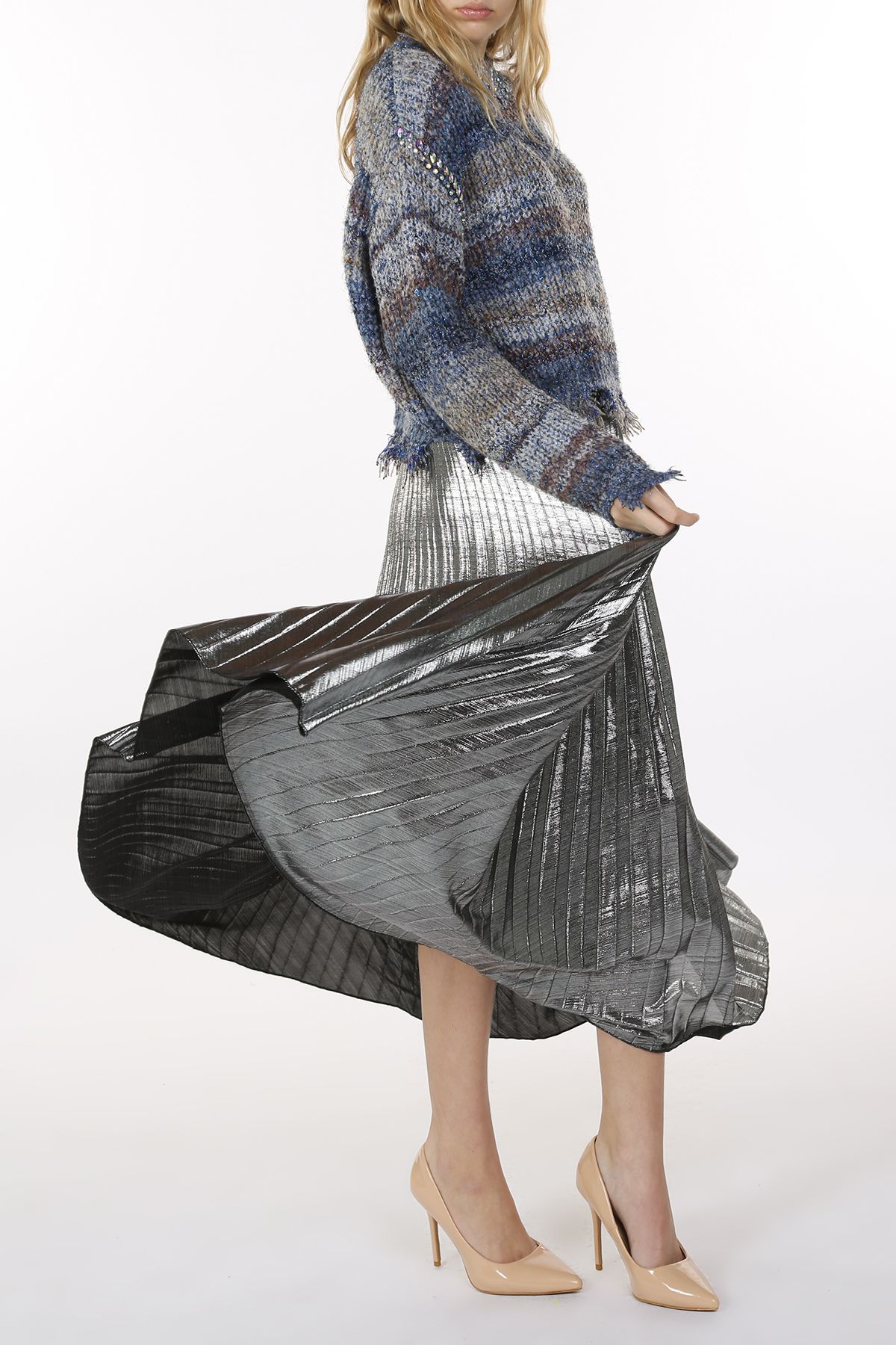 Metallic Silver Coated Pleat Maxi Skirt at Bourbon Cowgirl