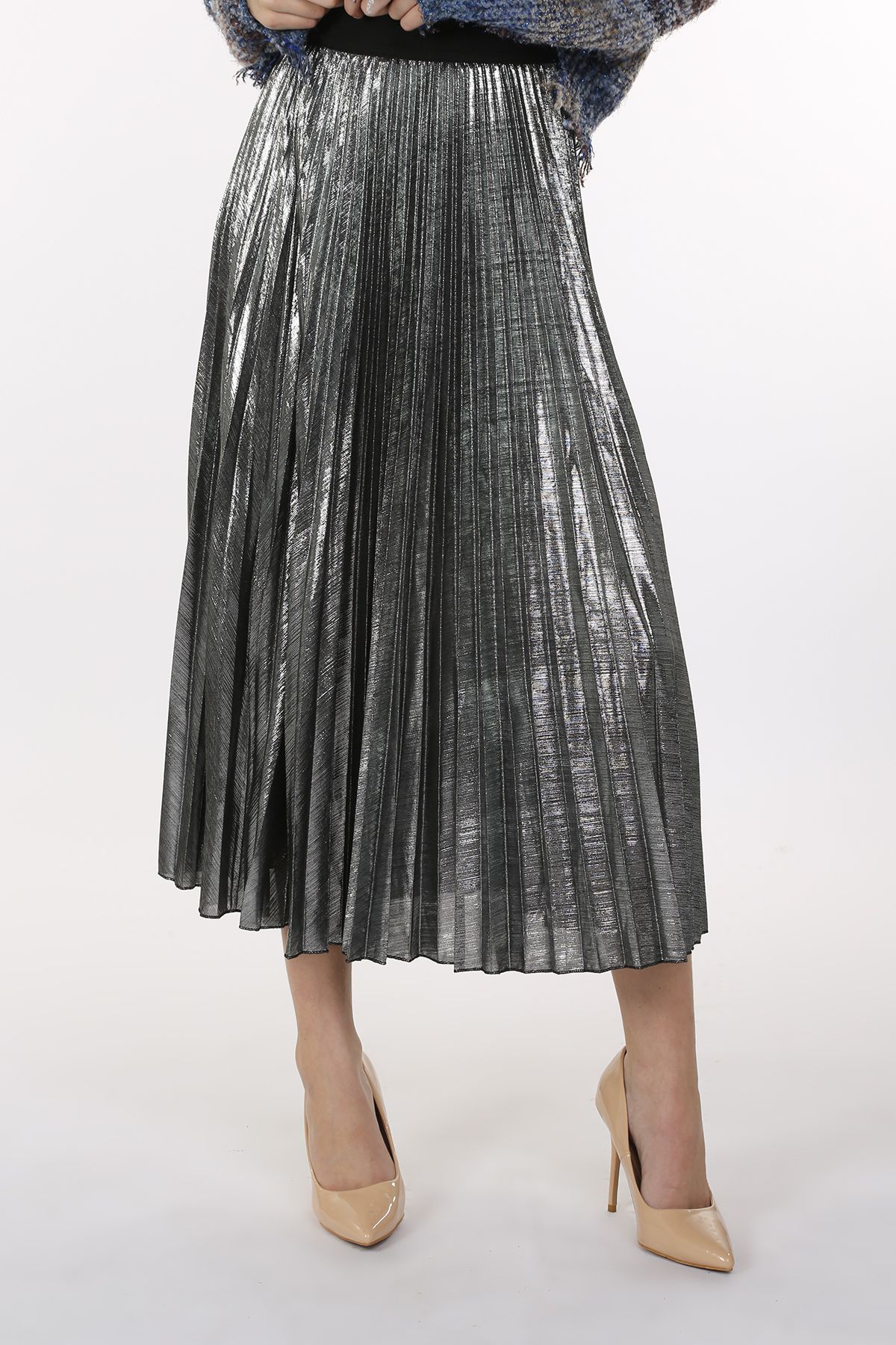 Metallic Silver Coated Pleat Maxi Skirt at Bourbon Cowgirl