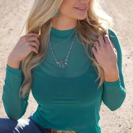 Meshed Out Turquoise Mesh Mock Neck Top