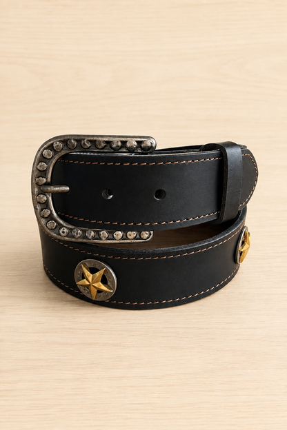 Phoebe Leather Belt with Star Conchos in Black - Bourbon Cowgirl Exclusive