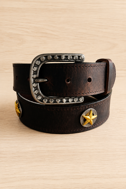 Phoebe Leather Belt with Star Conchos in Brown - Bourbon Cowgirl Exclusive