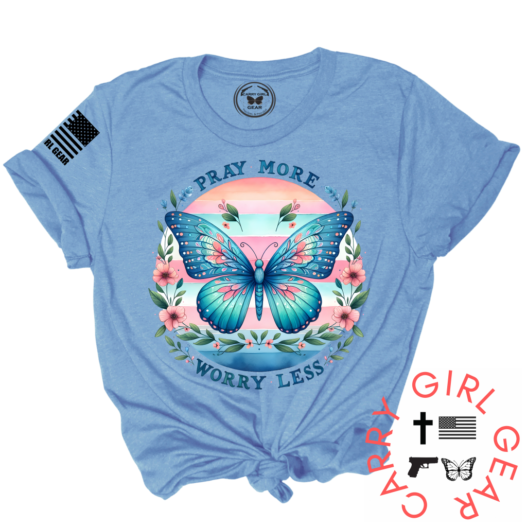 Blue unisex Pray More Worry Less butterfly tee