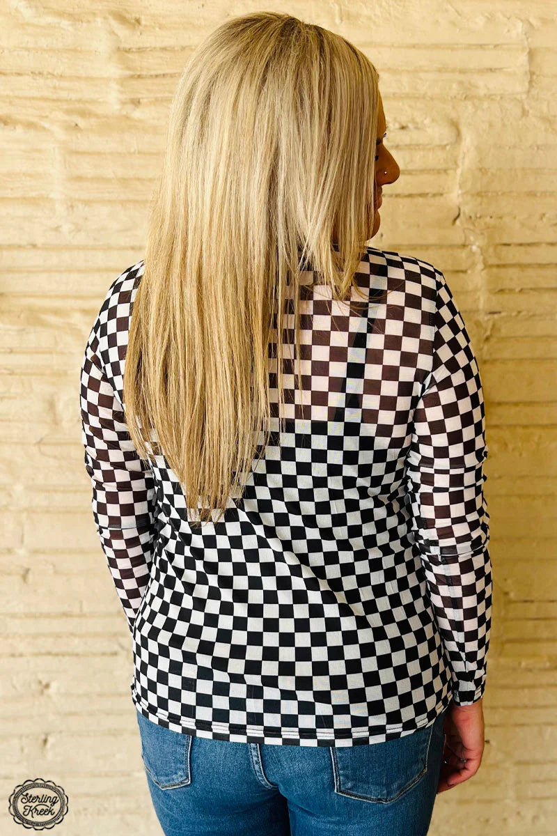 Round the Track Checkered Print Mesh Mock Neck Top