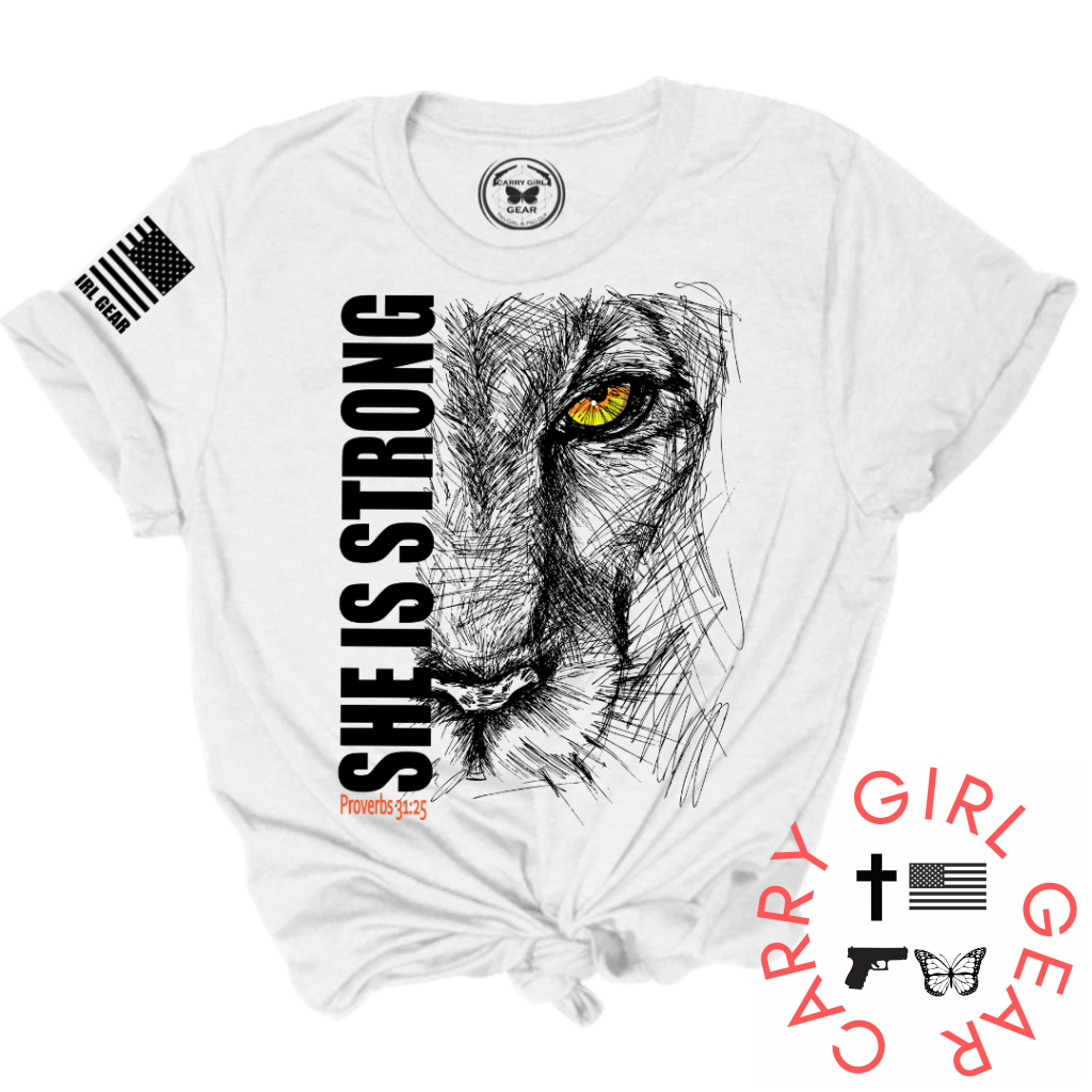 White unisex She is Strong t-shirt with lion graphic