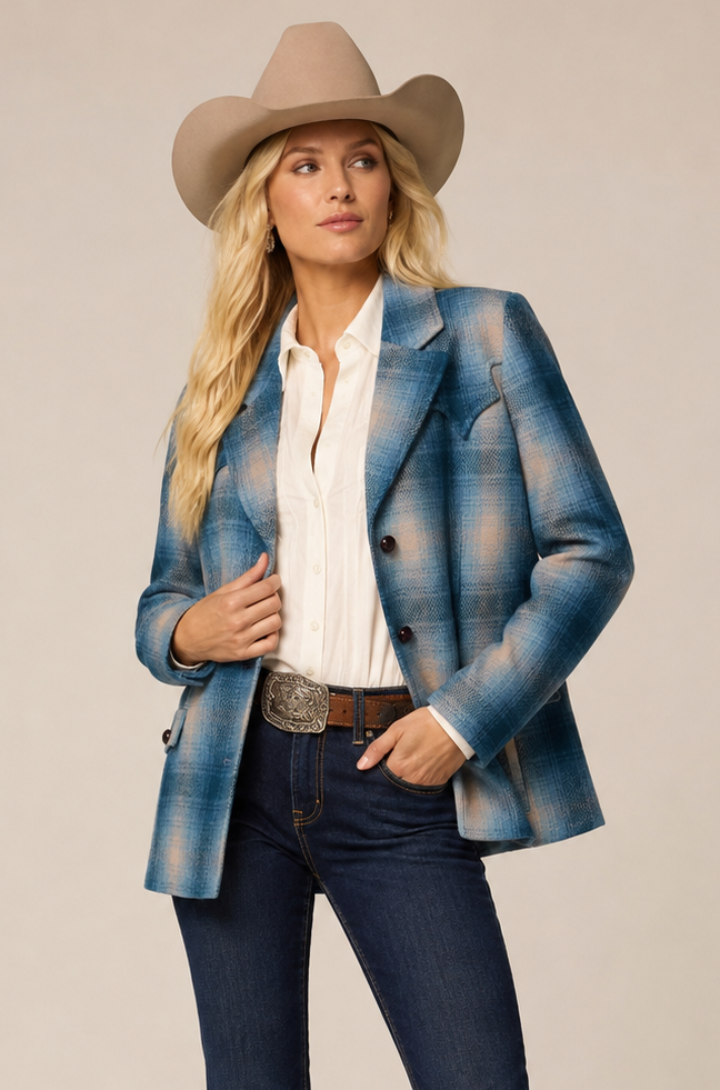 Wool Plaid Western Blazer in Blue by Stetson