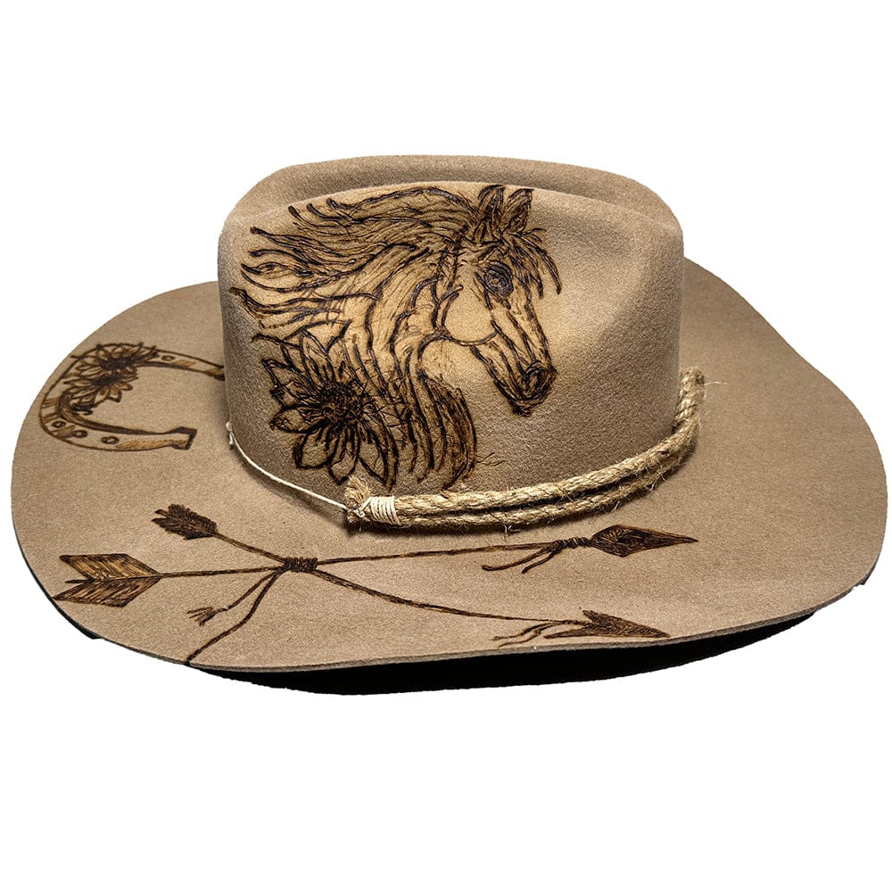 Custom Burned Beige Cowboy Hat with Rope Band