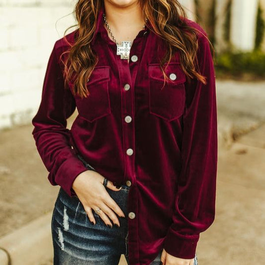 Red Velvet Button Down Collared Long Sleeve Shirt Bourbon Cowgirl