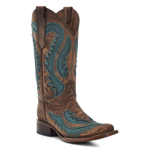 Brown Turquoise Embroidery & Inlay Square Toe Western Boot - Corral Boots