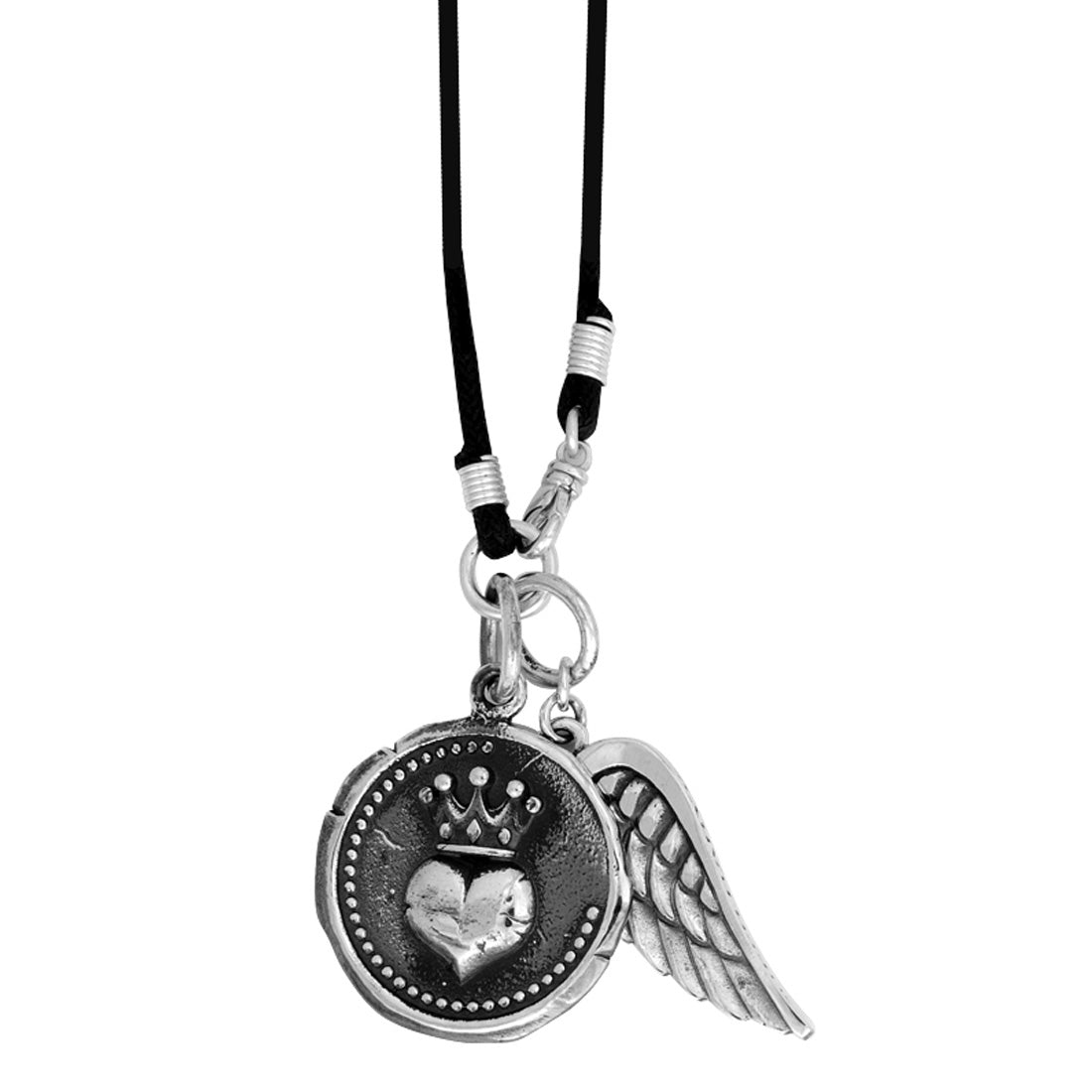 Large Heart Coin and Wing on Leather Necklace by King Baby