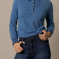 Woman wearing blue long-sleeve polo shirt and jeans (unnamed-197)