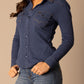 Woman in blue denim shirt and jeans