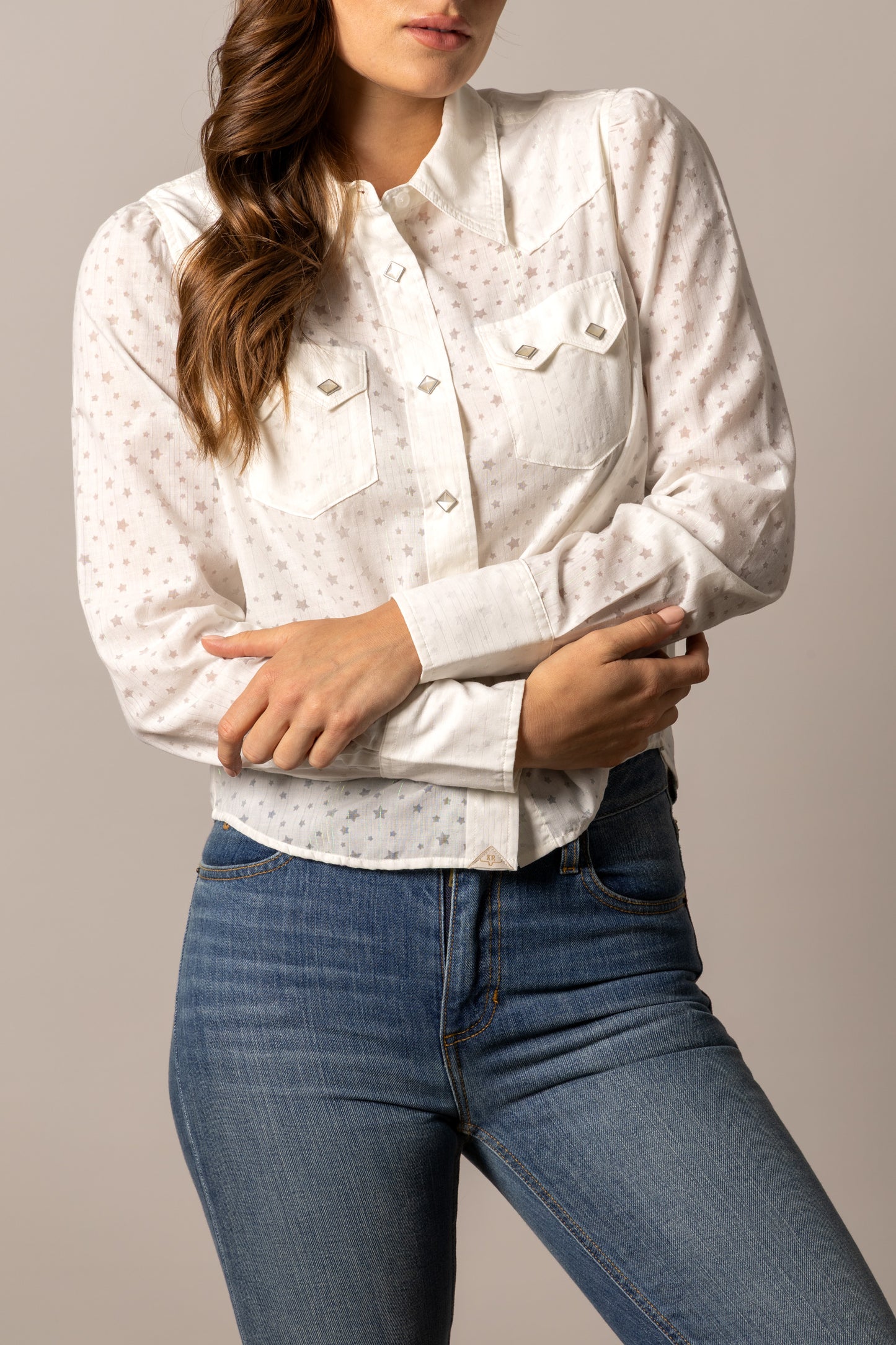 Woman in white star print shirt and jeans, unnamed-232.