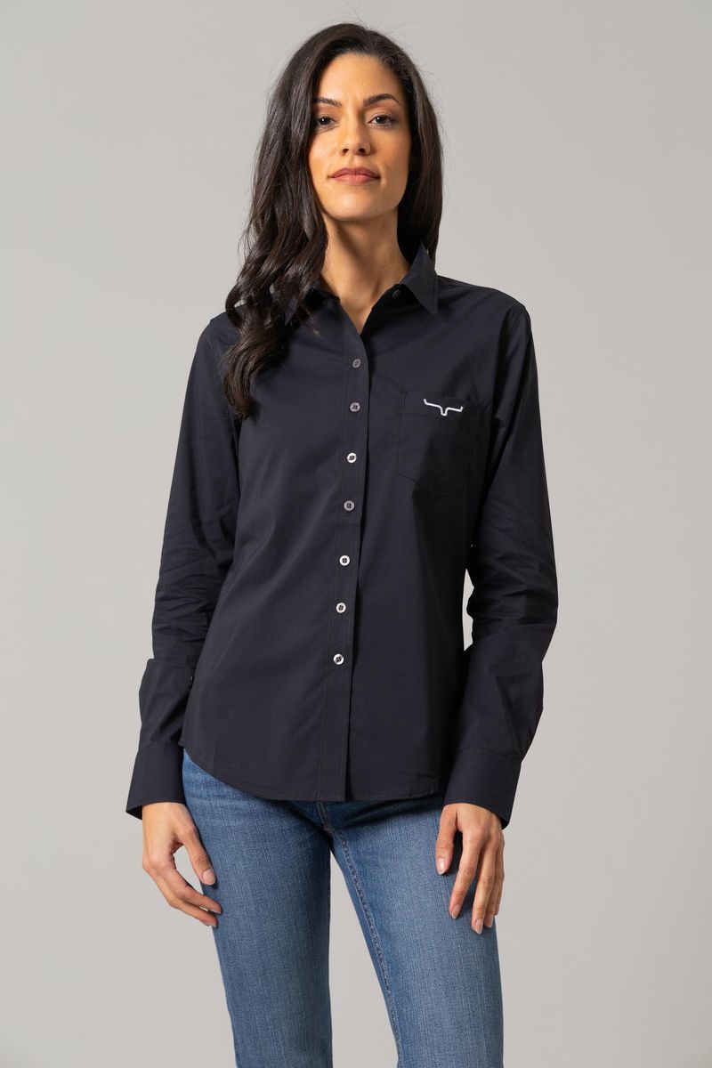 Woman in black button-up shirt & jeans - unnamed-239