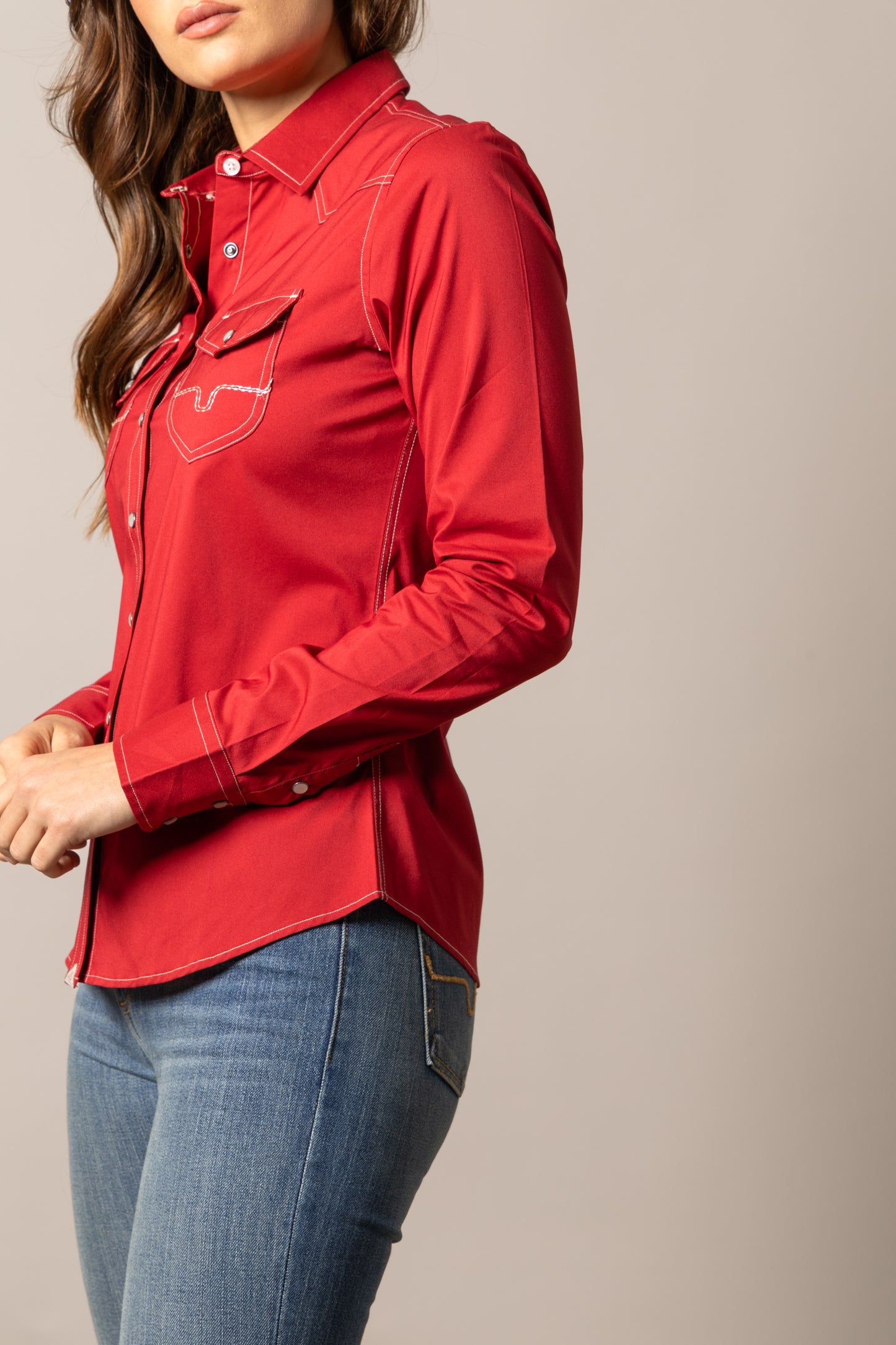 Red western shirt, unnamed-243, with white stitching and jeans.