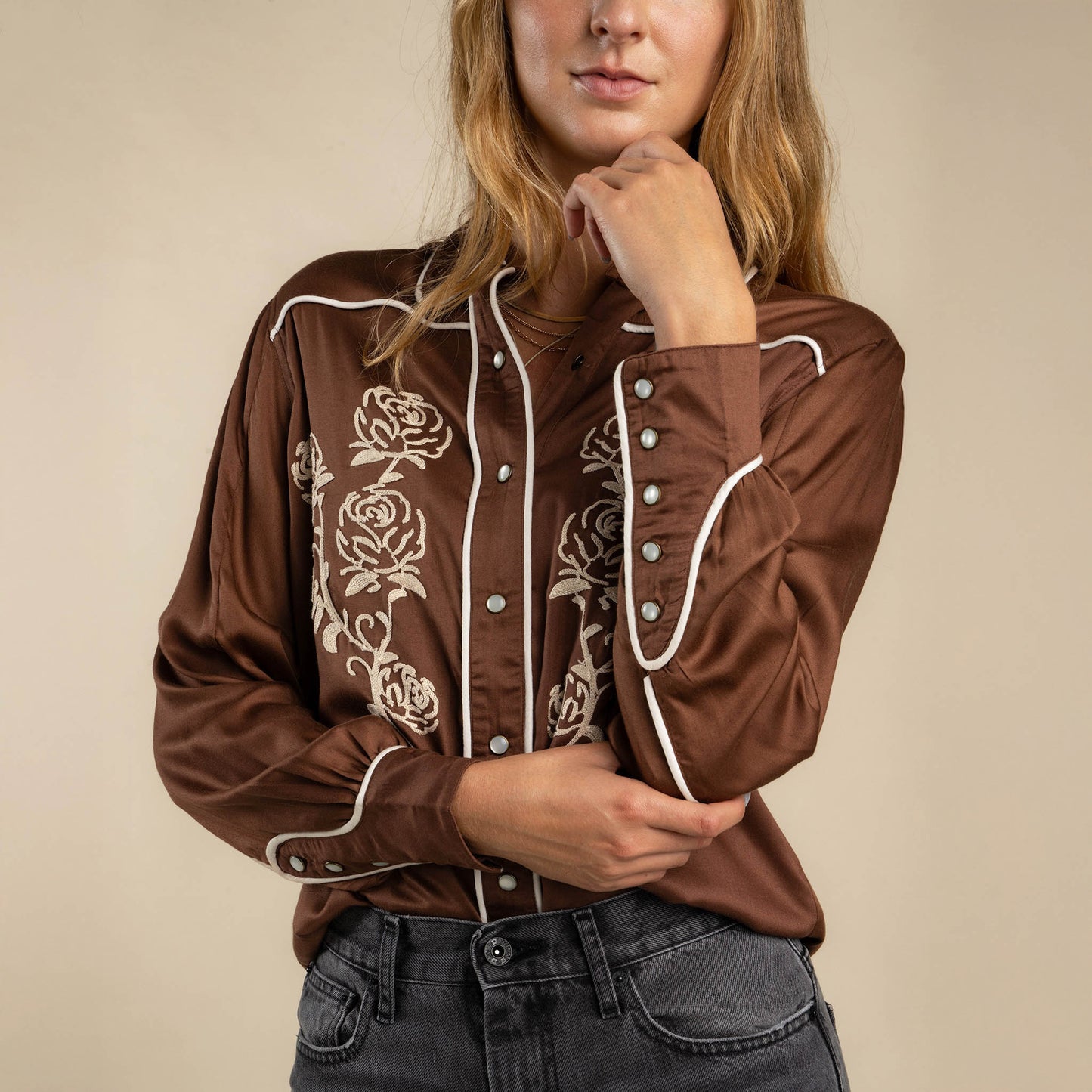 Sendero Dakota Embroidered Long Sleeve Mocha Western Shirt Bourbon Cowgirl
