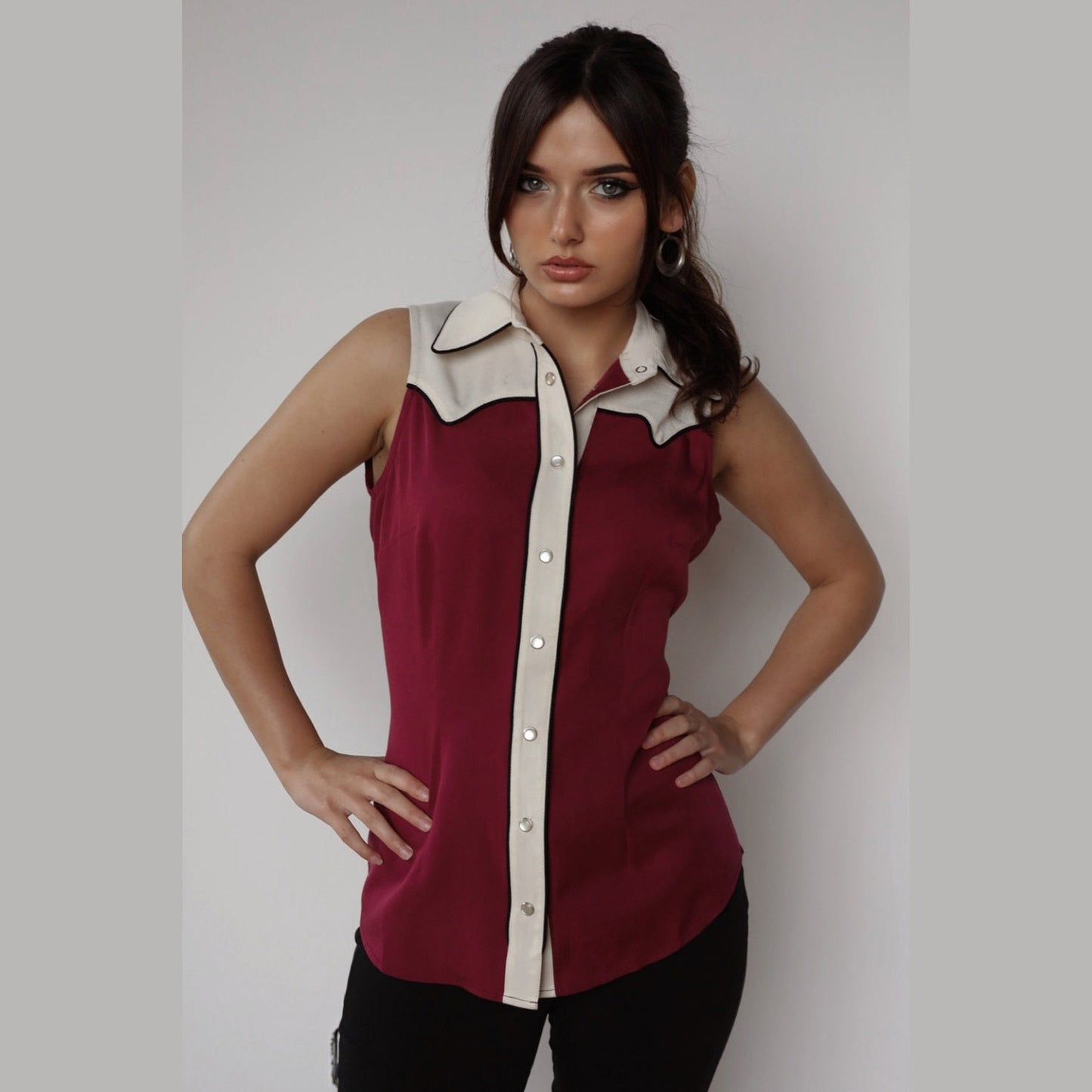 Atlanta Women's Sleeveless Shirt by H Bar C - Wine & Off White