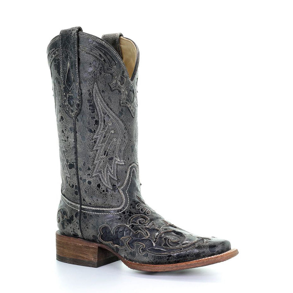 Distressed Black with Snake Inlay Western Boot - Corral Boots at Bourbon Cowgirl