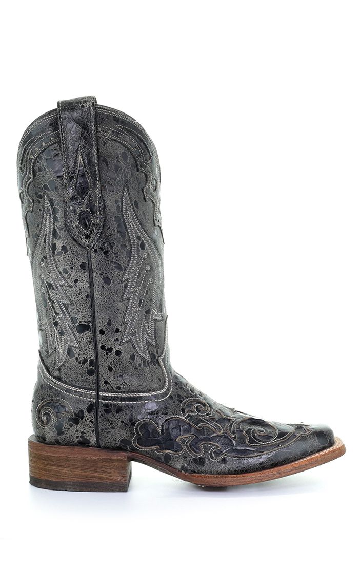 Distressed Black with Snake Inlay Western Boot - Corral Boots at Bourbon Cowgirl