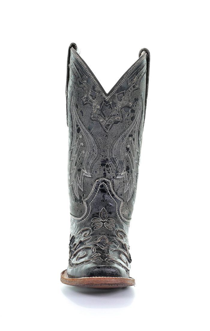 Distressed Black with Snake Inlay Western Boot - Corral Boots at Bourbon Cowgirl