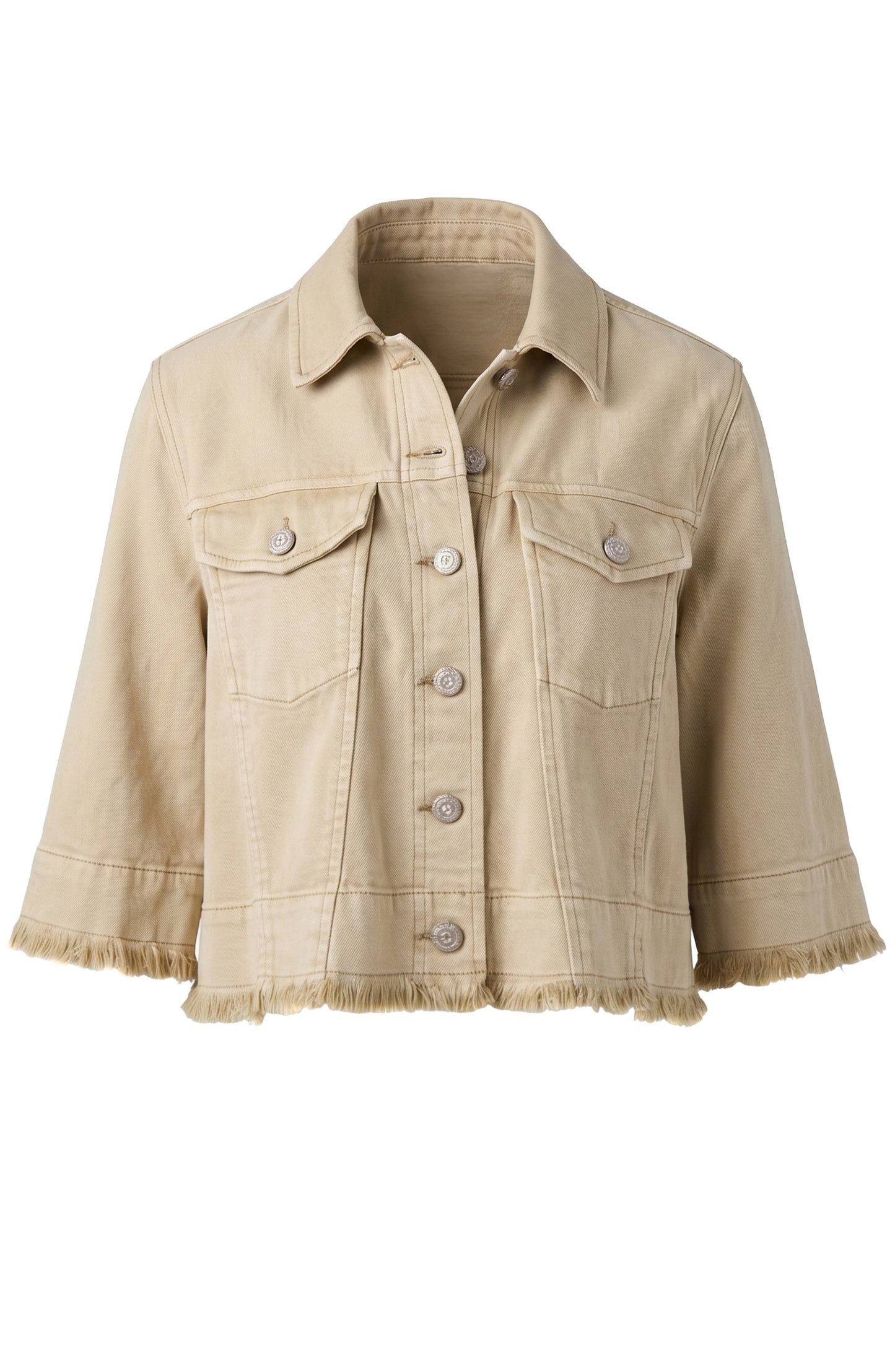 3/4 Sleeve Frayed Flounce Jacket in Khaki by Liverpool