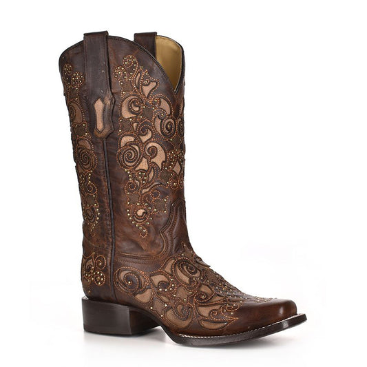 Brown Inlay Studs & Embroidery Western Boot - Corral Boots at Bourbon Cowgirl