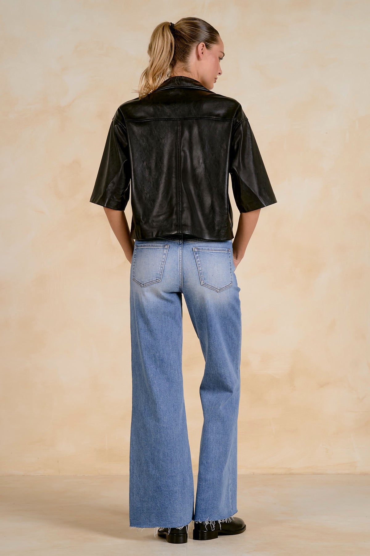 Faux Leather 3/4 Sleeve Shirt by Elan - Black