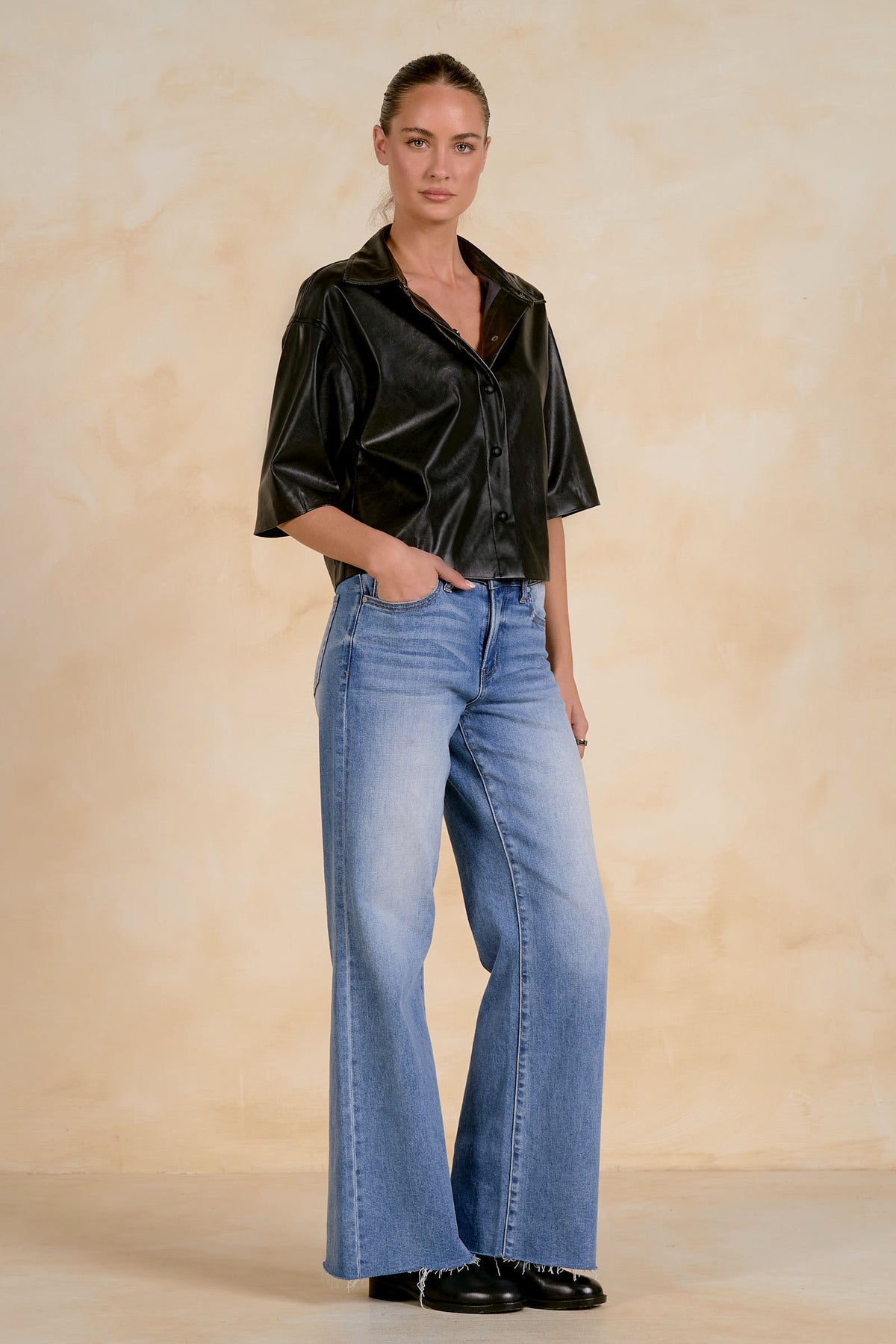Faux Leather 3/4 Sleeve Shirt by Elan - Black