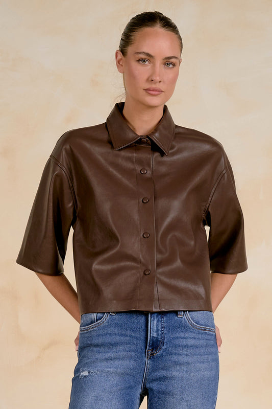 Faux Leather 3/4 Sleeve Shirt by Elan - Brown