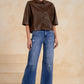 Faux Leather 3/4 Sleeve Shirt by Elan - Brown