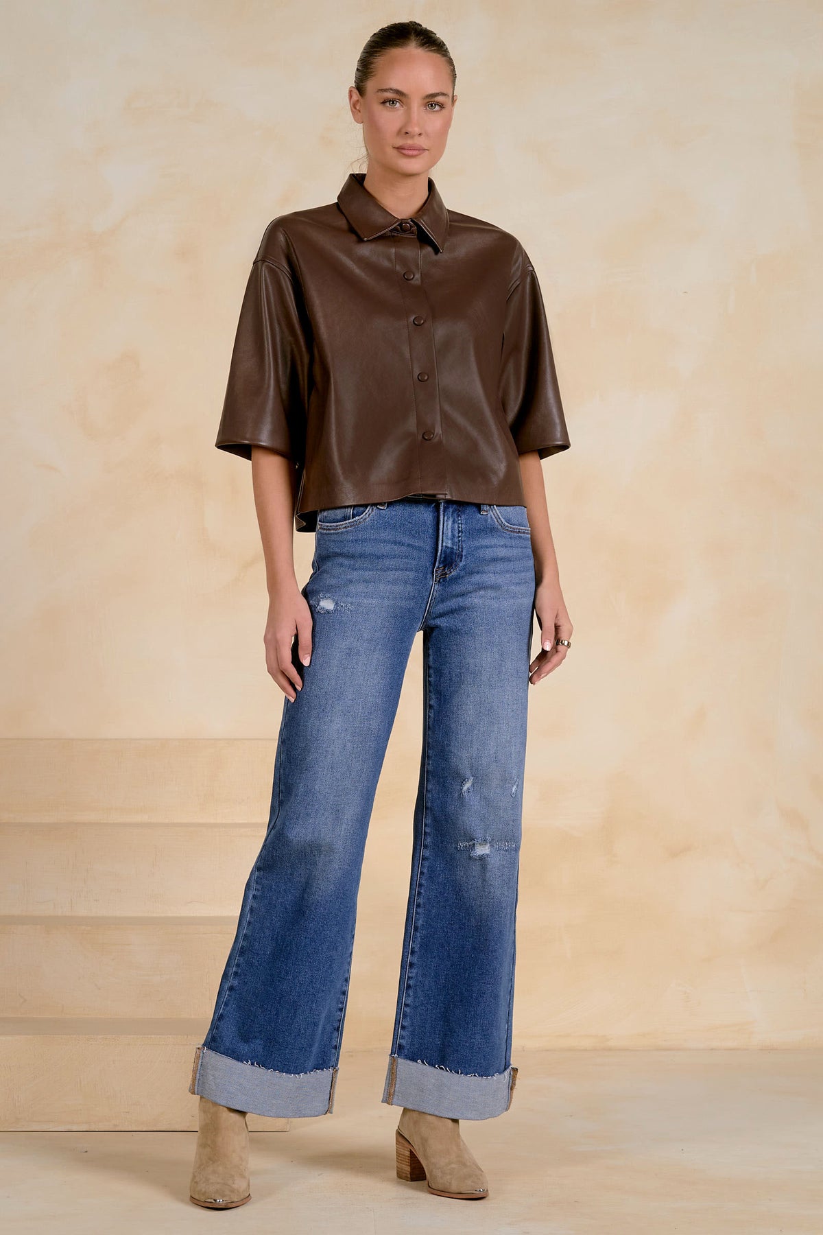 Faux Leather 3/4 Sleeve Shirt by Elan - Brown