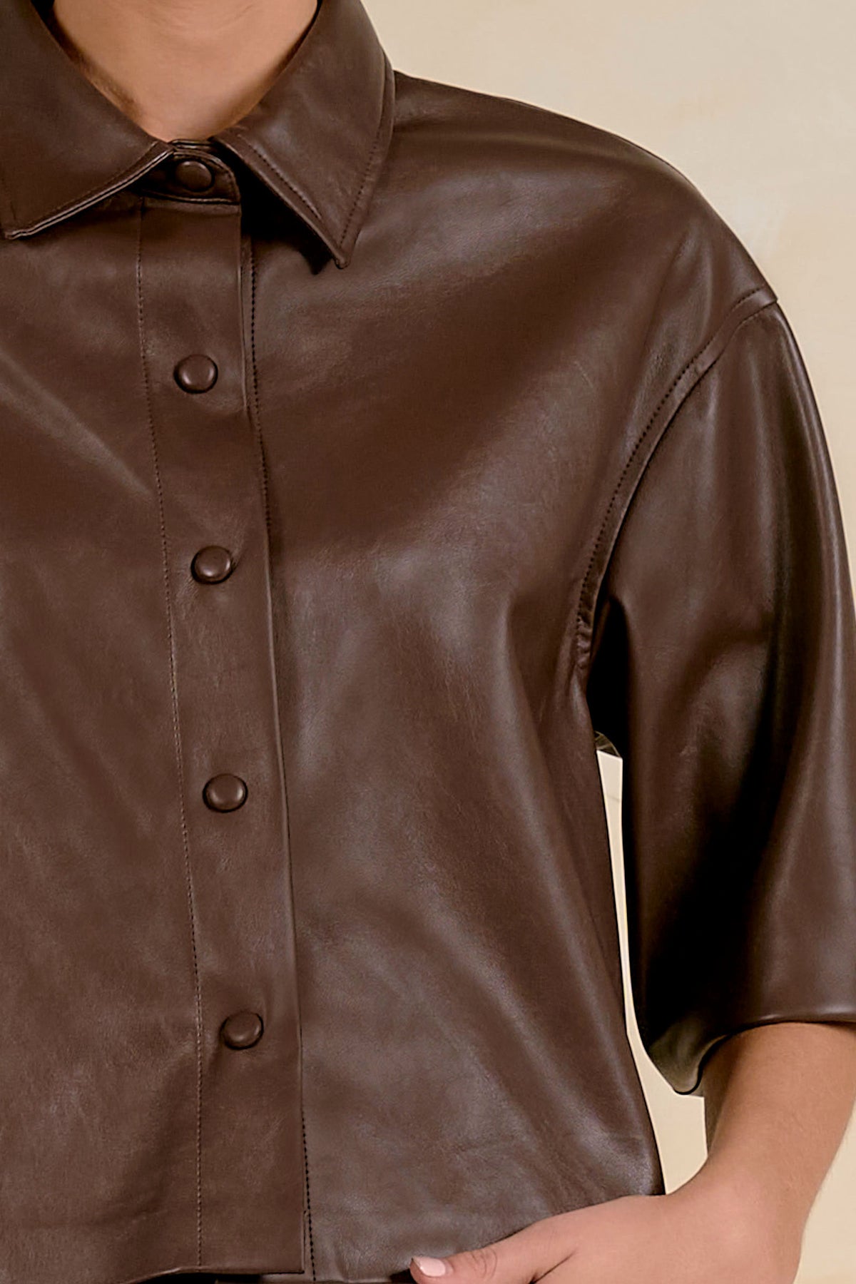 Faux Leather 3/4 Sleeve Shirt by Elan - Brown
