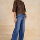 Faux Leather 3/4 Sleeve Shirt by Elan - Brown
