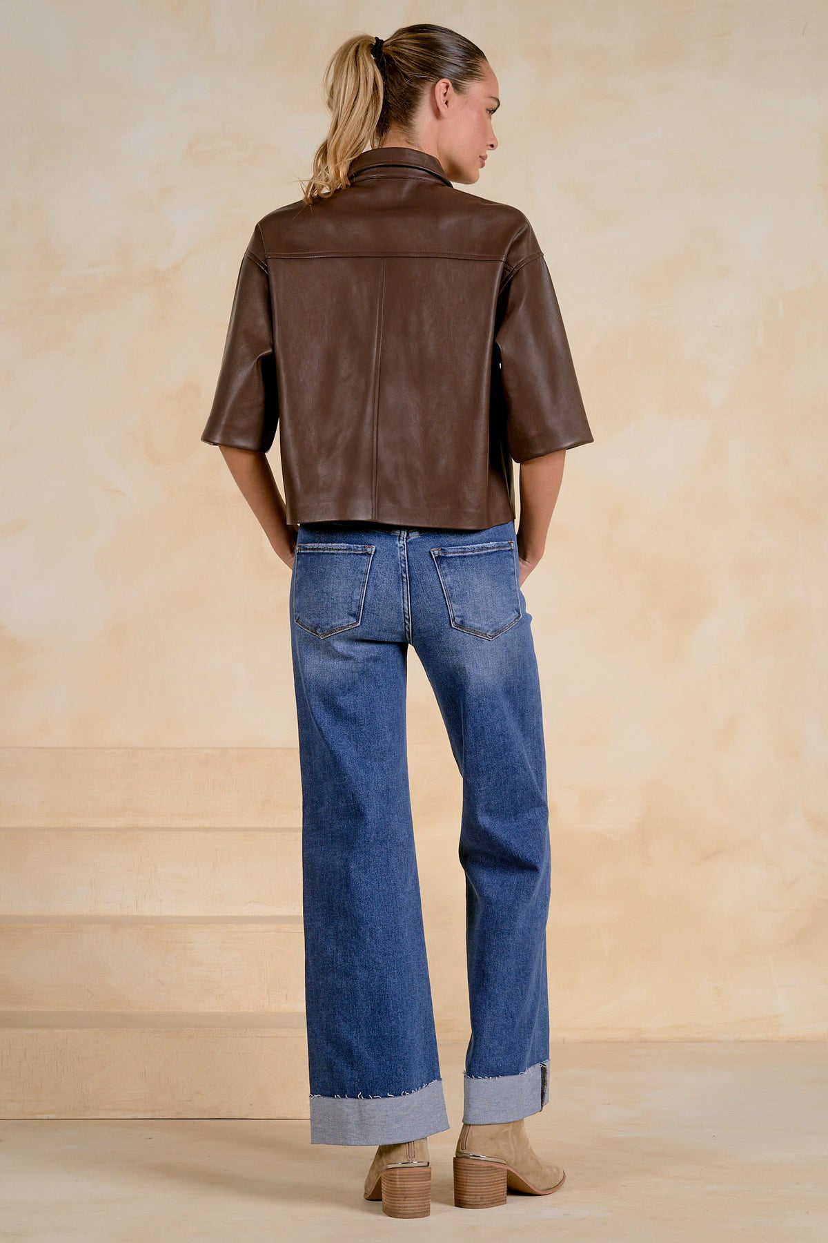Faux Leather 3/4 Sleeve Shirt by Elan - Brown