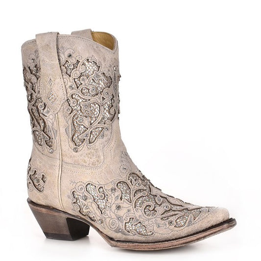 White Bootie with Glitter Crystal Inlay Western Boot - Corral Boots at Bourbon Cowgirl