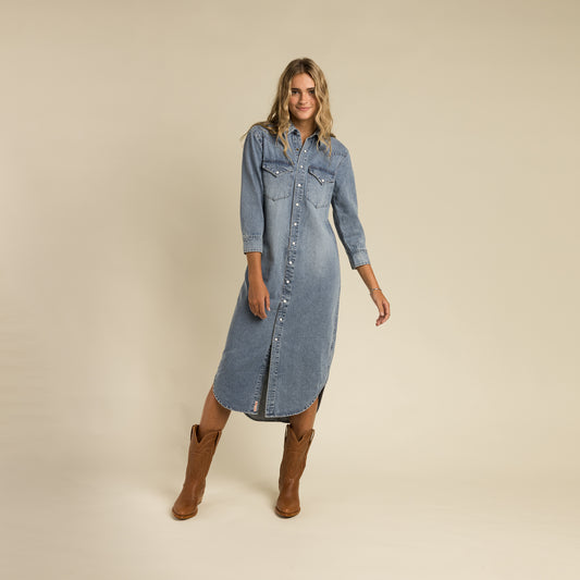 Annie Pearl Snap Denim Shirt Dress for Country Girls at Bourbon Cowgirl